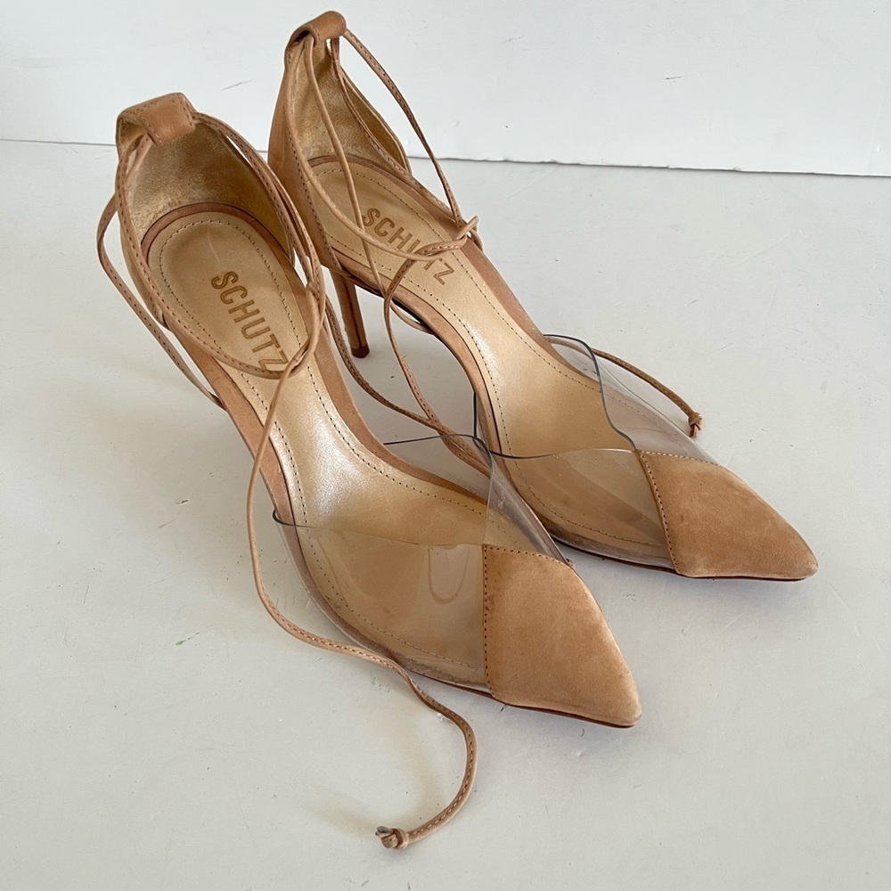 Schutz Tan Suede Ankle Tie Strappy Heels Size 7.5